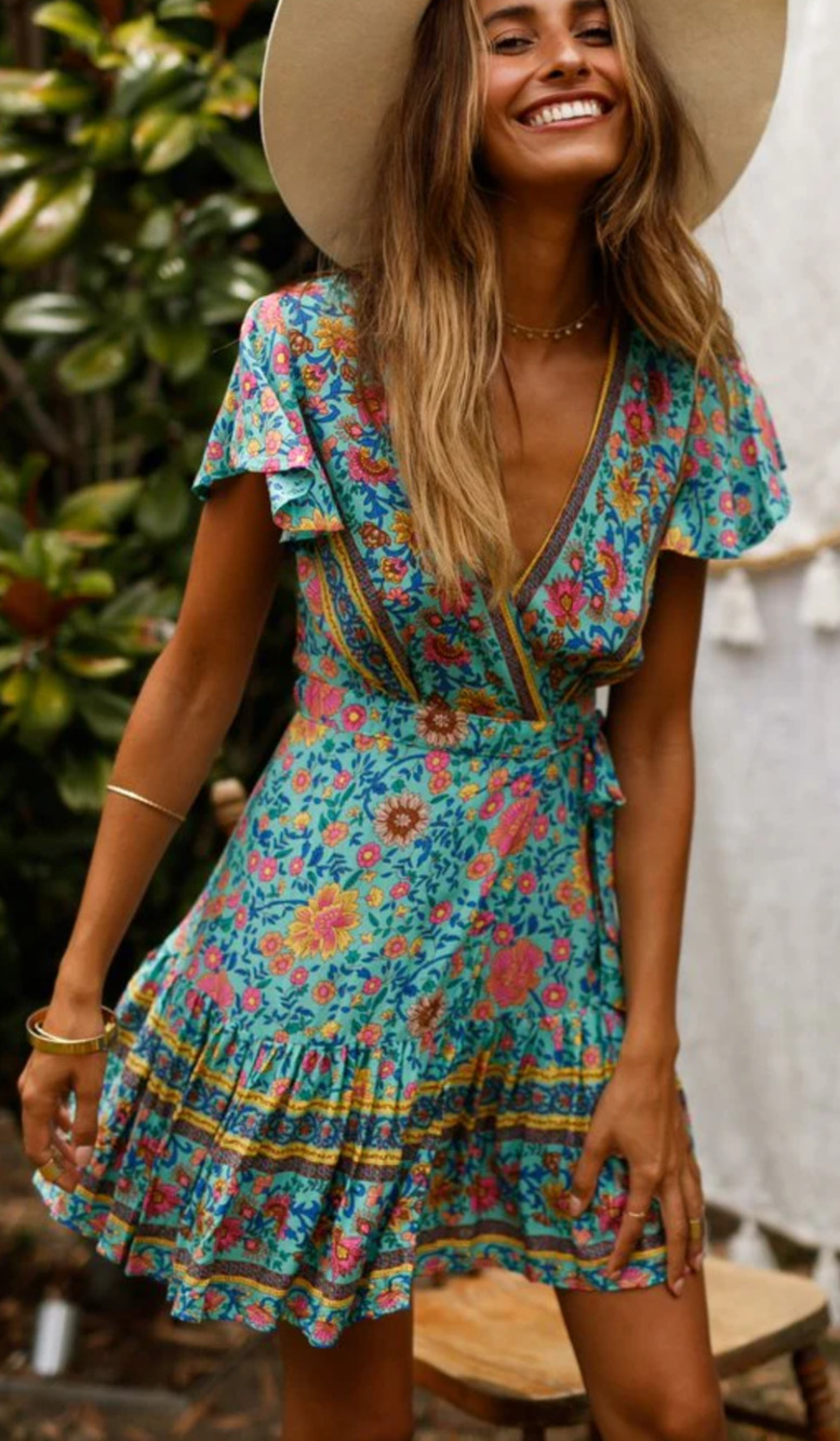 L'ATISTE blue floral true wrap dress Size Sm Boho Hippie Romantic Cottage